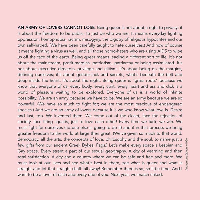 army of lovers anonymous queers text on pink