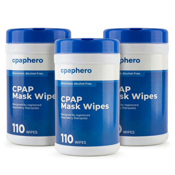Three containers of cpaphero CPAP Mask Wipes on a white background