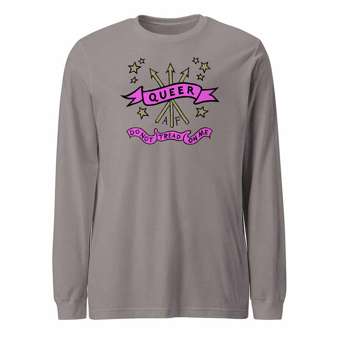 Gray long-sleeve shirt with 'Queer Do Not Tread On Me' graphic design on a white background