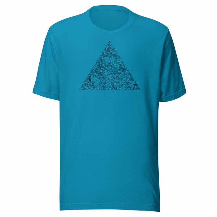 aqua Blue t-shirt with a black love triangle design on a white background