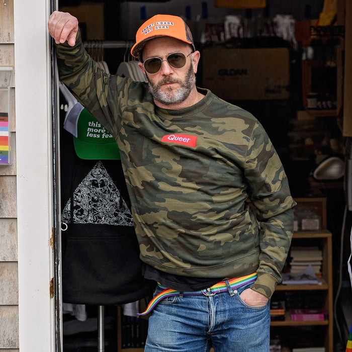 queer camo crew sweatshirt on adam singer
