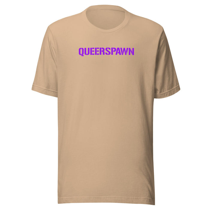 A tan short-sleeve crewneck t-shirt with the word 'QUEERSPAWN' printed in bold purple capital letters across the chest, displayed on a solid white background.
