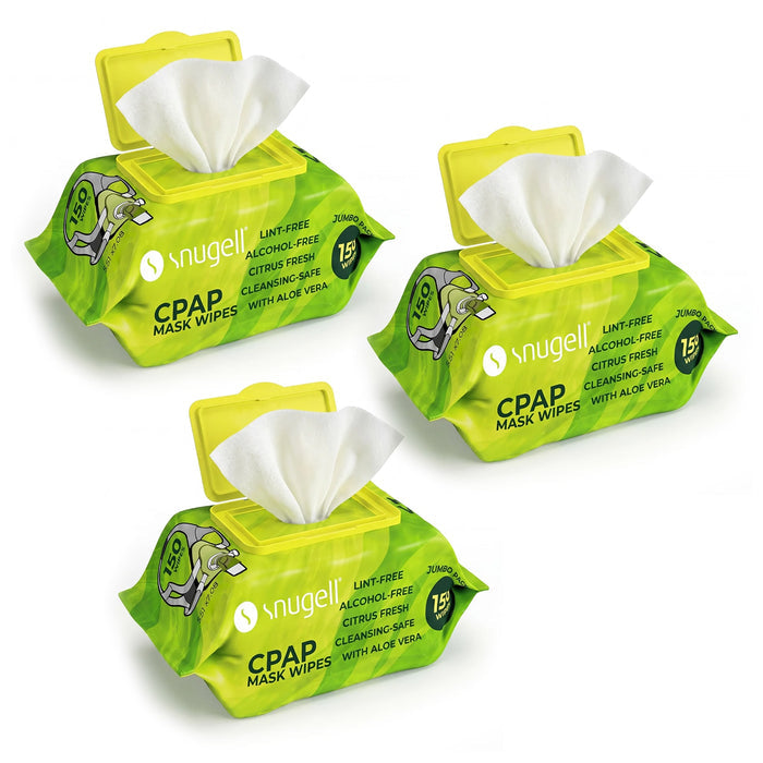 Three open packages of snugell CPAP mask wipes on a white background