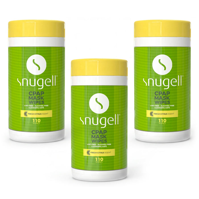 Three containers of snugell CPAP mask wipes with green labels and yellow lids on a white background.
