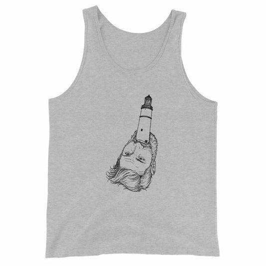 Gray tank top with a unique design of a lighthouse on a person's head.