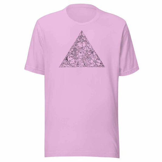 Pink t-shirt with a love triangle design on a white background