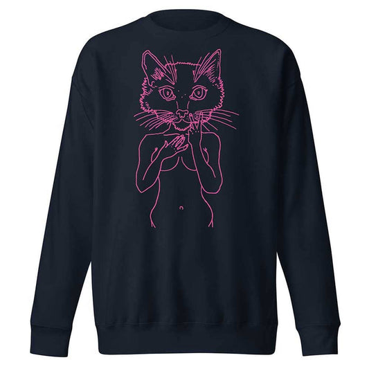 navy sweatshirt with pink cat design on a white background