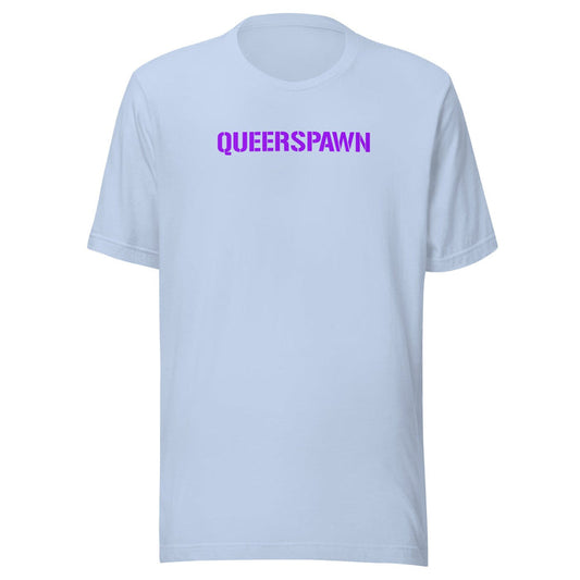 A light blue short-sleeve crewneck t-shirt with the word 'QUEERSPAWN' printed in bold purple capital letters across the chest, displayed on a solid white background.