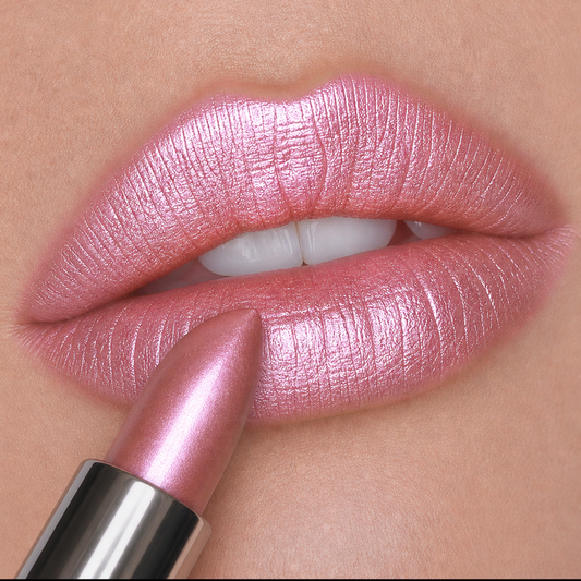 Close-up of lips wearing Runway Rogue Satin Shimmer lipstick in 'Trophy Wife Creme', a frosted pastel pink shade with silver and pink shimmer