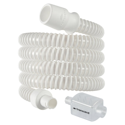 Transcend medical device components including a hose and connectors on a white background
